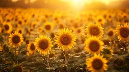 Obraz premium Tranquil Beauty: Ethereal Pastel Sunflower Field Bathed in Warm Golden Light