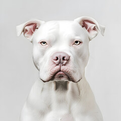Obraz premium Portrait of powerful angry white Pitbull dog showing teeth isolated on white. Aggressive pit bull terrier type dog snarling at the camera with sharp teeth