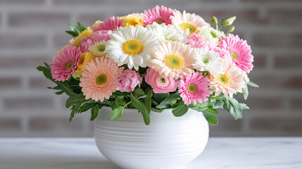 Fototapeta premium Serene Minimalist Pastel Daisy Arrangement in White Ceramic Vase for Spring Home Decor