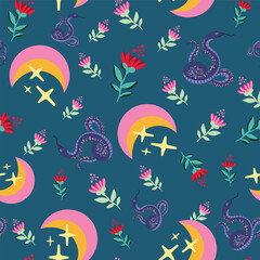 Mystical pattern with moon, snake, flowers vector design