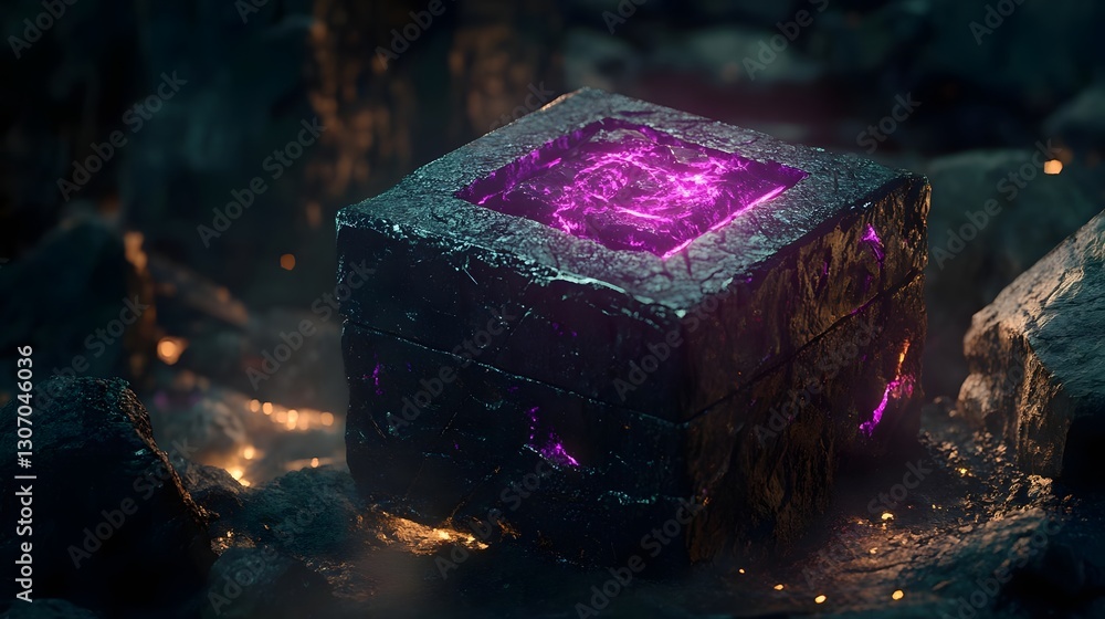 Poster mysterious glowing cube surrounded by dark rocks in a mystical environment, evoking intrigue