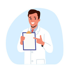 Doctor man showing clipboard in hands and advices use this copy space.. Vector flat style cartoon illustration