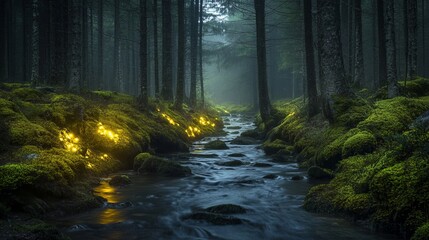 Fototapeta premium A mystical river running through an ancient forest, glowing moss on trees