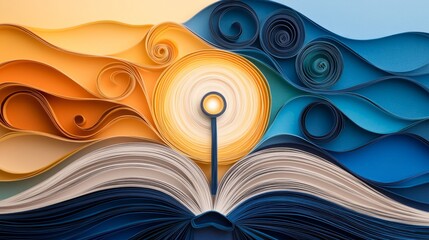 Key discipline success passion solution. A vibrant, artistic depiction of an open book radiating light against a swirling backdrop of orange and blue paper waves.