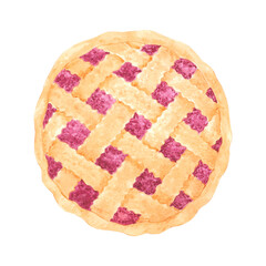 Hand drawn watercolor berry pie. Illustration of food isolated on white background. Can be used for postcard, label, scrapbook and other printed products.