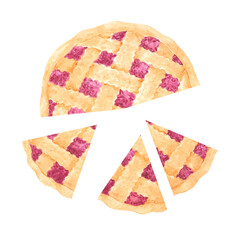 Hand drawn watercolor berry pie. Illustration of food isolated on white background. Can be used for postcard, label, scrapbook and other printed products.