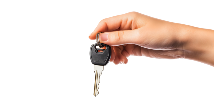 Hand holding a car key, cut out, isolated on white or transparent background