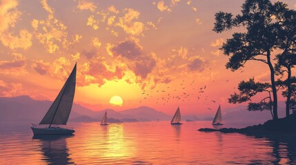 Fototapeta premium A peaceful sunset over a calm bay, silhouettes of distant sailboats, vibrant sky filled with oranges and pinks, ultra-detailed, high resolution.