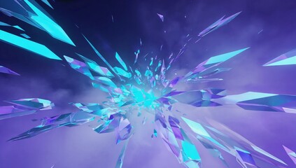Abstract blue and purple background. Multi colored glass fragments fly from center in different directions