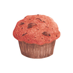 Hand drawn watercolor cupcake. Illustration of food isolated on white background. Can be used for postcard, label, scrapbook and other printed products.