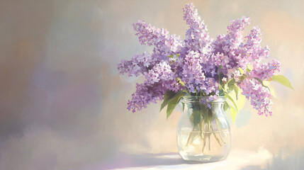 Fototapeta premium Serene Pastel Lilac Blooms in a Delicate Glass Vase for Home Decor