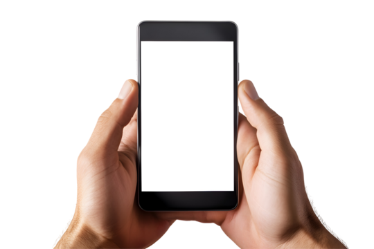 Hands holding smartphone with blank white screen, kept on white or transparent background