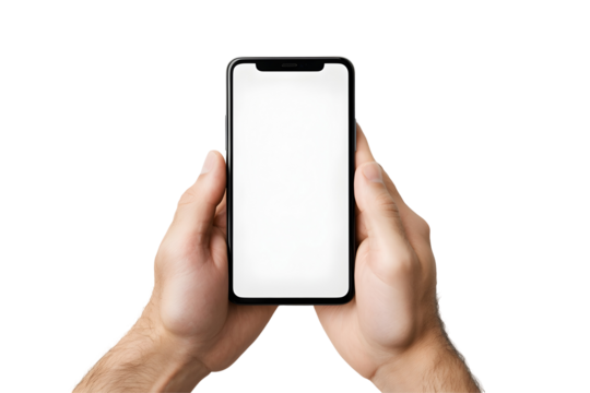 Hands holding smartphone with blank white screen, isolated on white or transparent background - Powered by Adobe