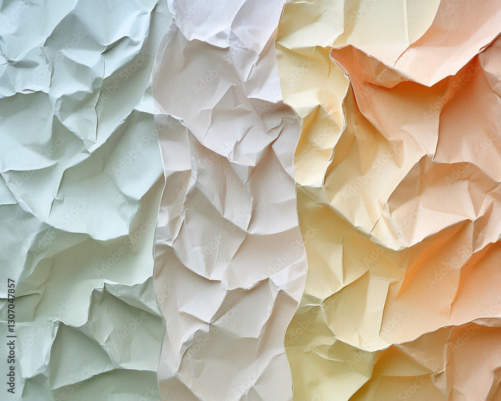 Poster Close-up of crumpled paper texture in pastel shades of green, beige, and peach, showing a soft, irregular surface, creating an abstract background suitable for various design projects