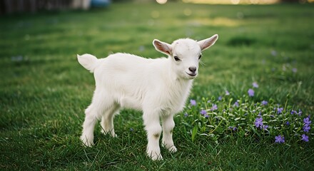 Obraz premium White baby goat standing in a field - Innocence and purity - Stock photography and editorial use
