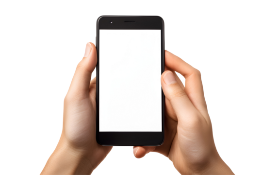 Hands holding smartphone with blank white screen, on white or transparent background