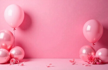 Celebration background with balloons on pink background. Birthday or wedding  celebration concept. Text space