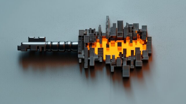Key discipline success passion solution. A creative key design combining industrial elements with glowing cityscape features, symbolizing innovation and urban life.