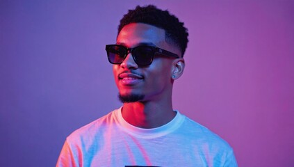 Obraz premium Black man with sunglass in retro fashion studio. Portrait of guy at disco party in nightclub. Young smiling African man. Male model in neon lights posing on purple background. Art design concept