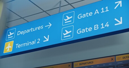 Modern International Airport Terminal: Big Blue Navigation Sign Directing Passengers to Departures,...