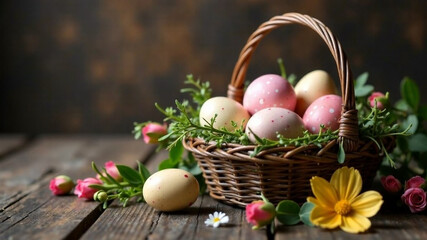 Easter eggs in a basket. Taster celebration concept, text space