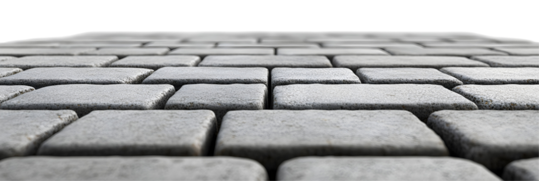 Perspective of neatly arranged paving stone blocks forming a pavement, on white or transparent background