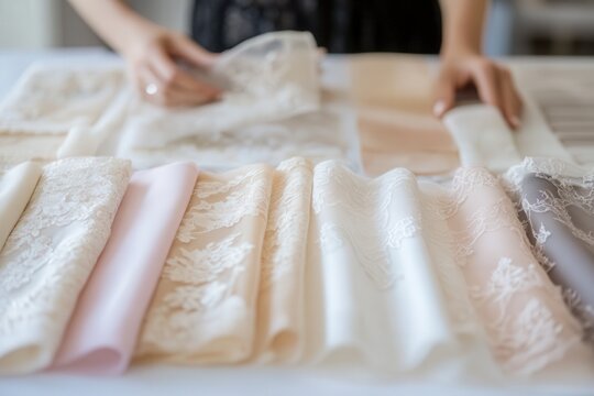 Professional photo of a designer presenting different fabric options to a bride, with elegant silk, chiffon, and lace swatches displayed in the atelier