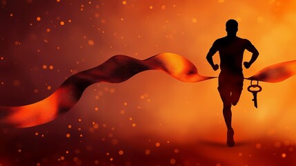 Naklejka premium Key discipline success passion solution. A silhouette of a runner in motion against a vibrant orange background, symbolizing energy, determination, and achievement.