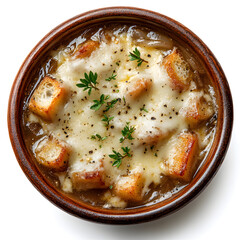 French onion soup in soup crock topped with melted cheese isolated on white