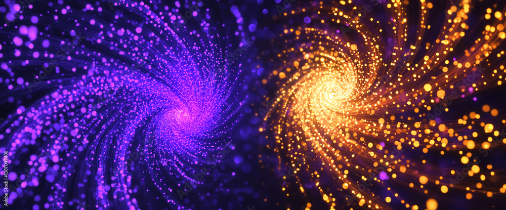 Poster abstract image of two swirling galaxies, purple and gold, with bright particles creating a dynamic, 