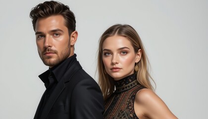 Elegant Couple Posing in Formal Attire on White Background Studio Shot