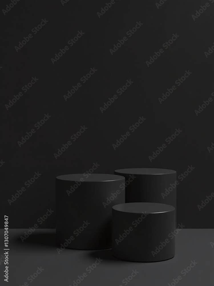 Poster Three Sleek Black Cylindrical Pedestals Are Situated On An Equally Dark Background Creating A Striking Visual Display.