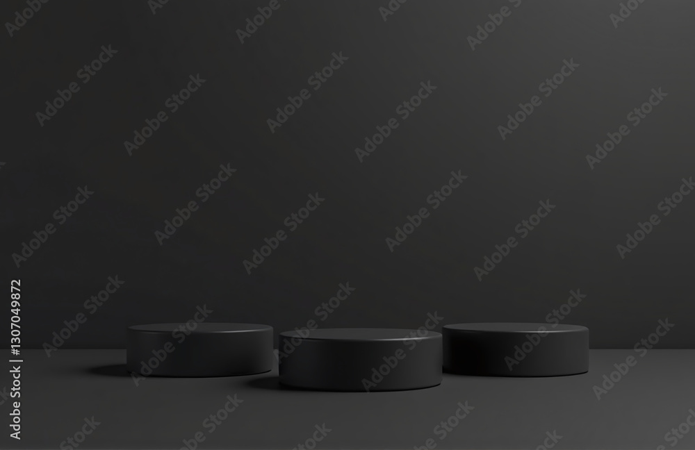 Poster Three Black Cylindrical Pedestals Are Arranged In A Line Against A Dark Background In This 3d Rendering Illustration Of A Cosmetic Display.
