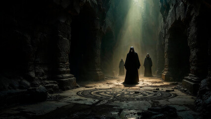 Dark monks stands in ancient temple. Creepy visions of hell. Scary illustration.