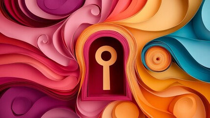 Key discipline success passion solution. A vibrant, colorful abstract design featuring a keyhole, surrounded by swirling paper-like shapes in various hues.