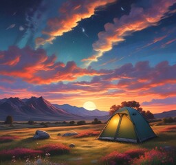 Illustration of camping with tant and wild landcape.