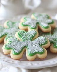 Festive shamrock shaped cookies with green icing and sugar sprinkles