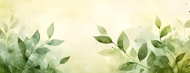 Green leaves watercolor banner, nature