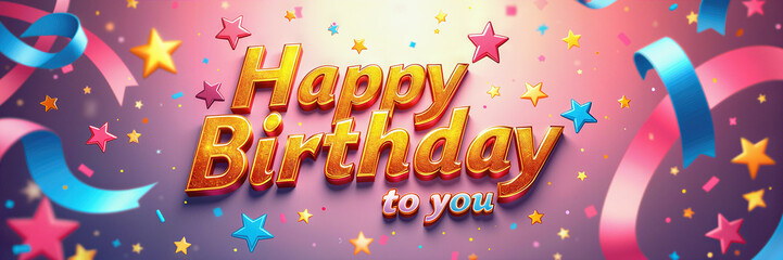 A festive birthday banner with sparkling Happy Birthday to you text, surrounded by colorful stars and streamers against a vibrant gradient background.