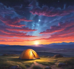 Illustration of camping with tant and wild landcape.