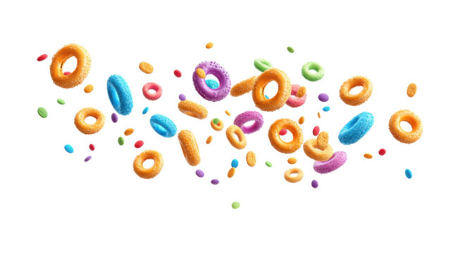Colorful cereals flying isolated on white background