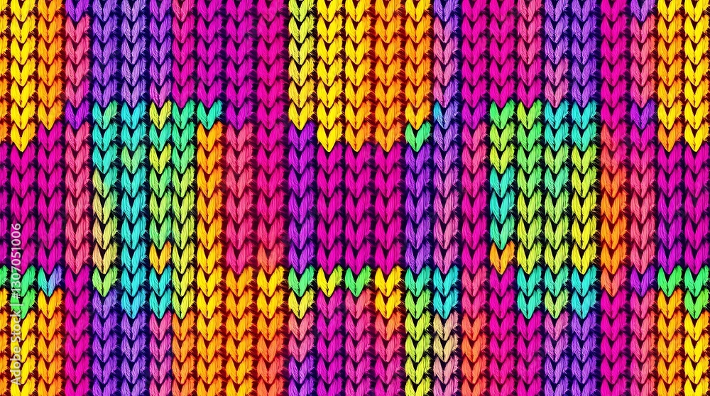 Poster vibrant knitted pattern: an eye-catching seamless knitted pattern, composed of a spectrum of bold, c