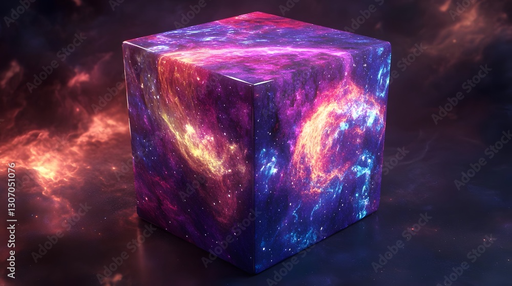 Poster a vibrant cosmic cube floating in a nebula, showcasing swirling colors and deep space elements