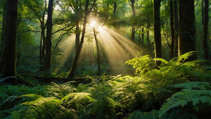 Obraz premium morning in the forest, sunbeams breaking through trees in the forest