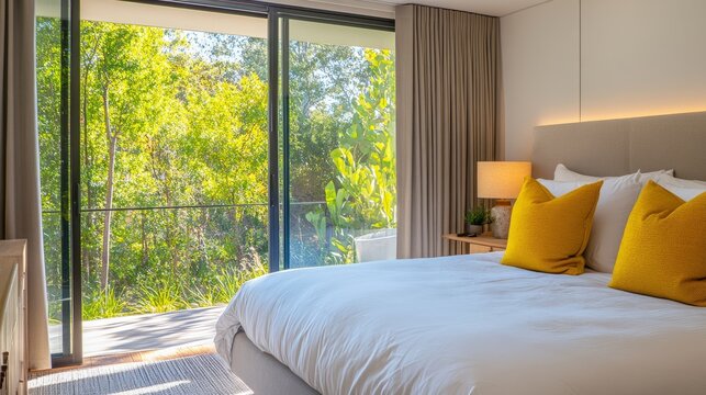 Cozy bedroom featuring a white bed, yellow accent pillows, and floor-to-ceiling windows revealing a green outdoor view. Soft lighting, copy space.