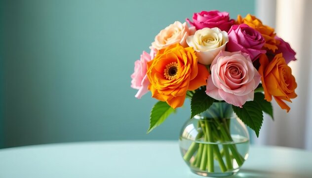 Close up of beautiful bouquet of assorted flowers in glass vase on party table, floral, centerpiece