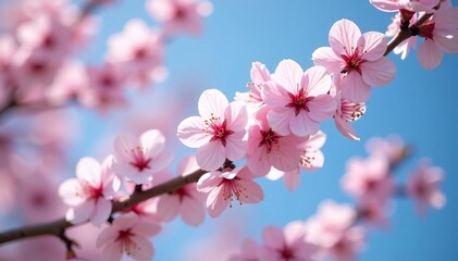 Obraz premium Close-up of beautiful cherry blossom tree branch in full bloom against a clear blue sky, tree, fresh