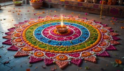 Fototapeta premium Intricate Colorful Rangoli Design with Diya in the Center, Celebrating Indian Festivals and Traditions