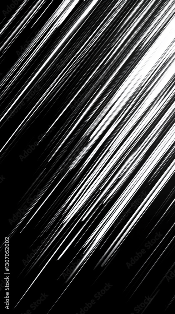 Poster Abstract image of diagonal white and black lines, creating a dynamic and energetic visual effect, suggestive of speed, movement, and modern design, ideal for a tech or motion background