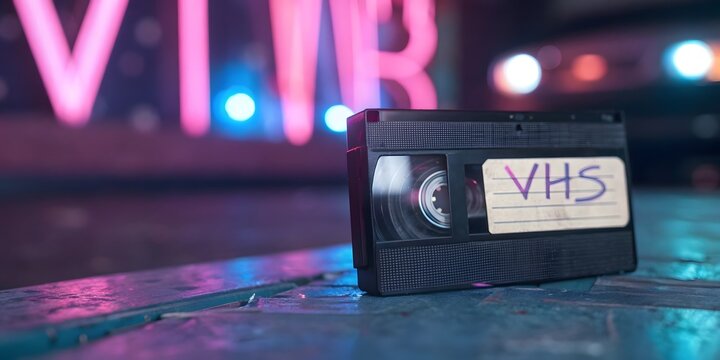 A vintage VHS tape with a handwritten label, glowing under neon pink and blue lights. The blurred background enhances the nostalgic 80s aesthetic, perfect for retro-themed designs. - Powered by Adobe